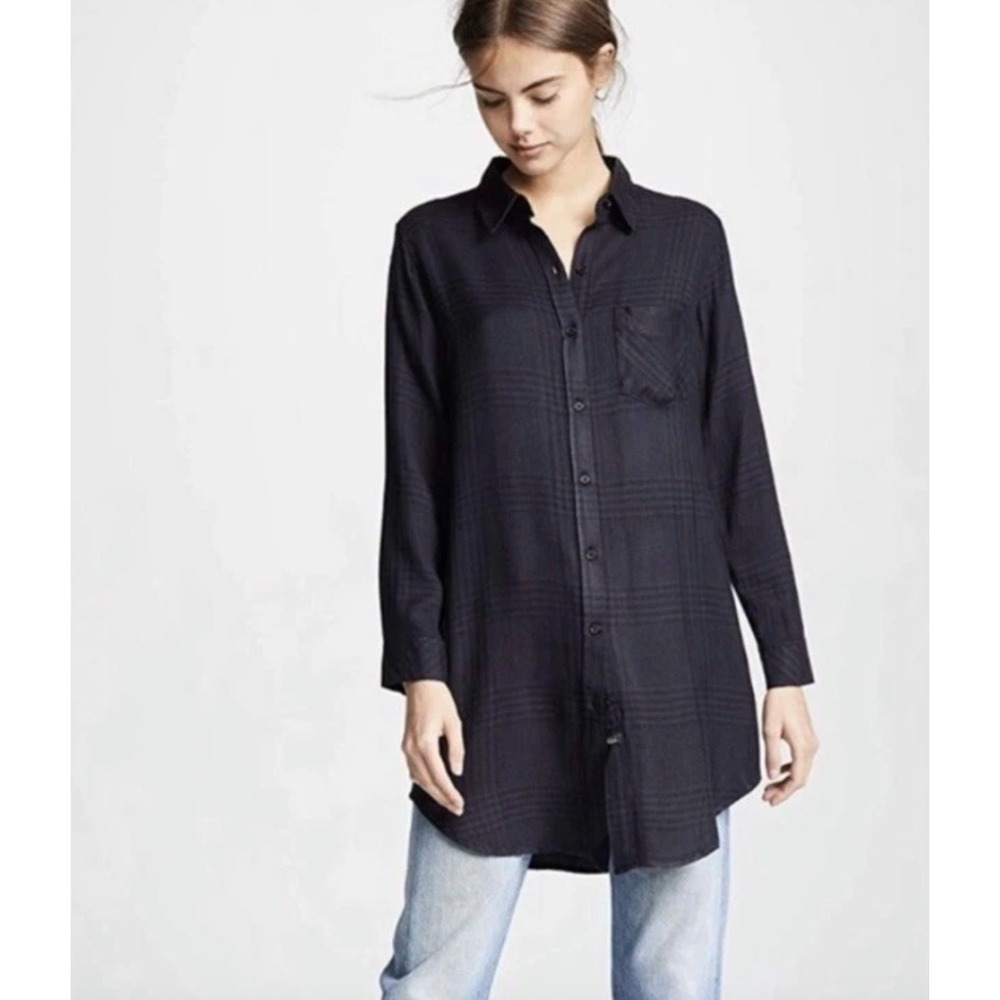 Rails Bianca Plaid Shirt Dress Onyx Jet Black Rayon Button Down Tunic Medium